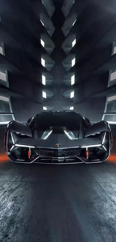Futuristic sports car in a dramatic tunnel setting.