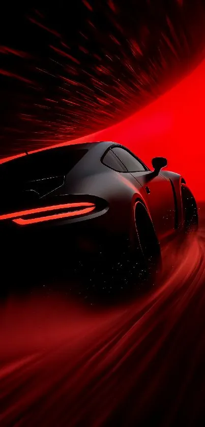 Sleek black sports car on vibrant red background.