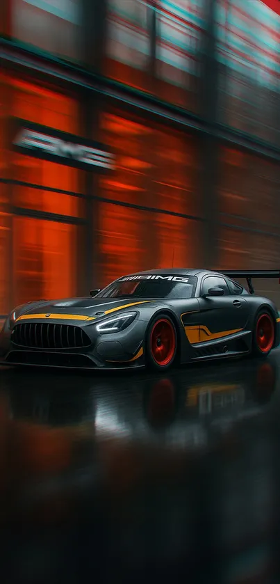 Sleek sports car speeding through urban backdrop.