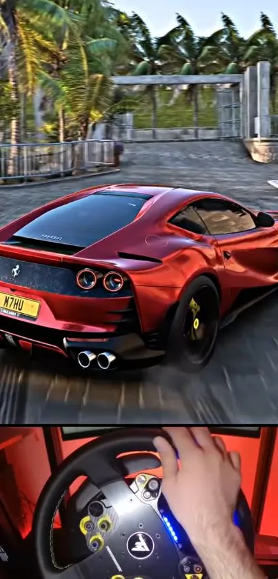 Red sports car with tropical background
