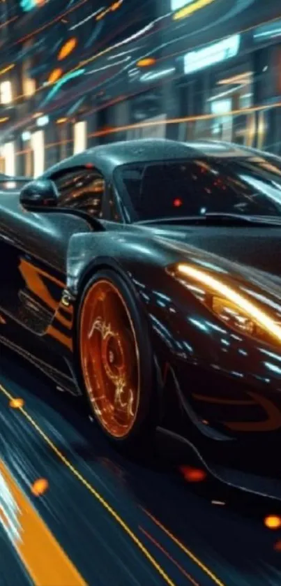 Futuristic black sports car speeding through a city at night.