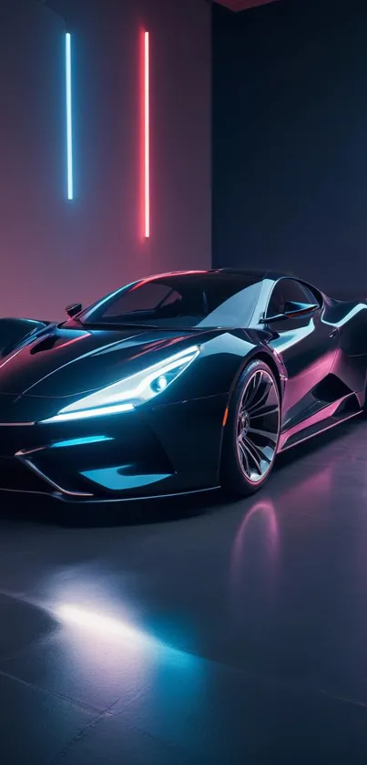 Sleek black sports car with neon lights in dark blue setting.