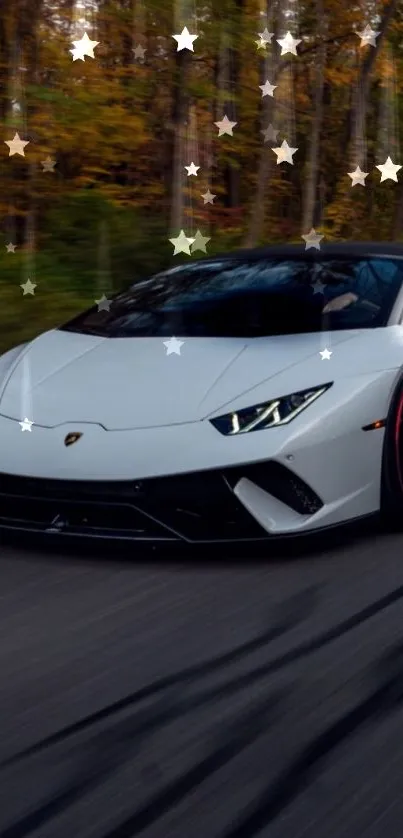 Sleek white Lamborghini with star accents on a vibrant road.