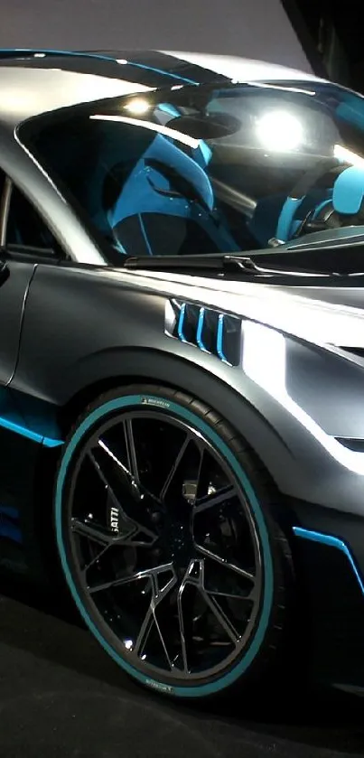 Futuristic sports car with blue accents on a dark background.