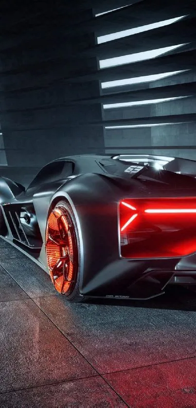 Futuristic sports car with red accents in a sleek design.