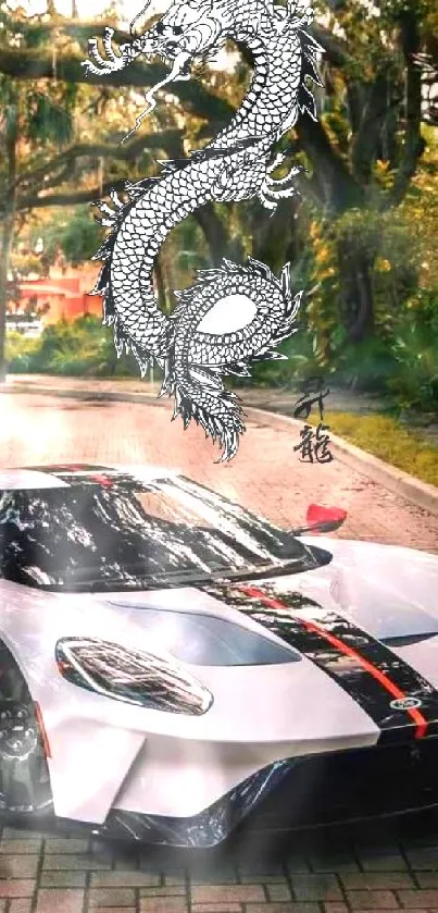 White sports car with dragon design parked under trees.