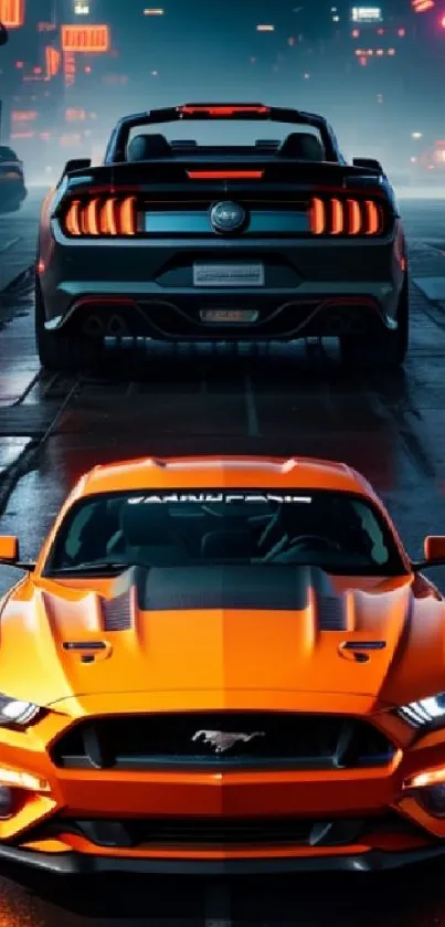 Sleek sports cars on a neon-lit street at night.