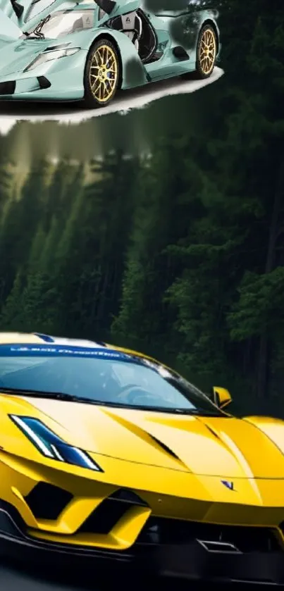 Yellow sports car with forest background and sleek blue car above.