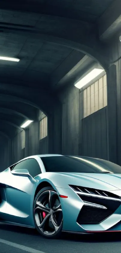 Stylish sportscar driving through a tunnel with blue tones.