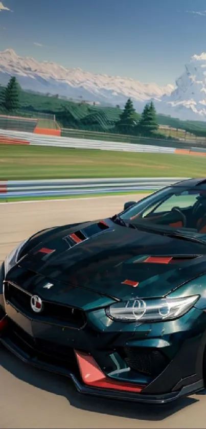 Sleek black sports car racing on a scenic track.