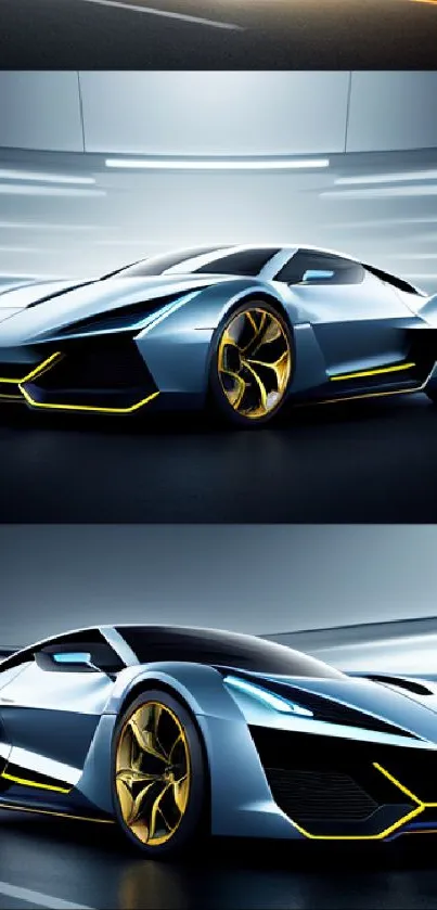 Futuristic sports car with sleek design and gold accents in blue tones.