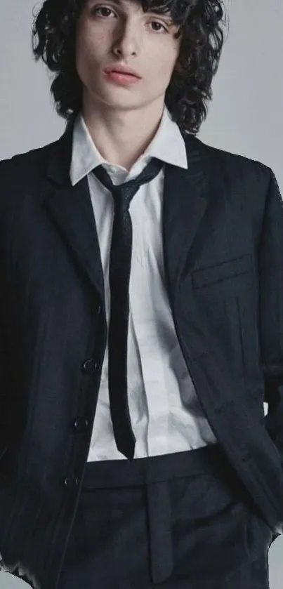 Person in a nicely fitted black suit with a white shirt and loose tie.