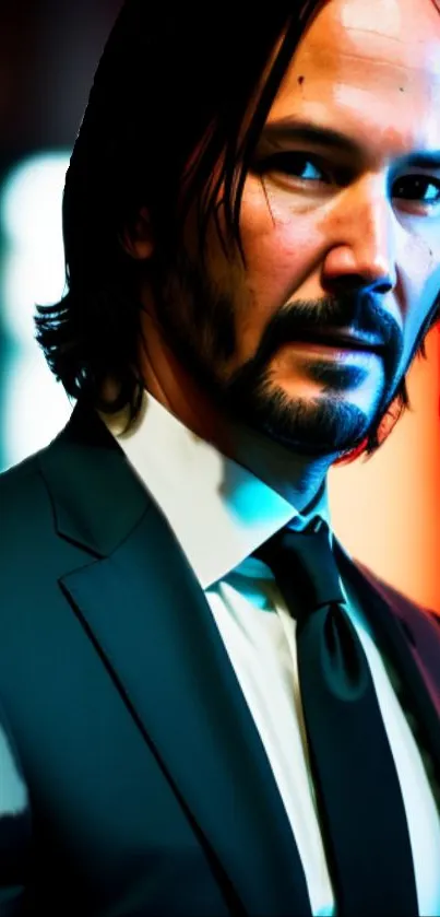 Man in a sharp suit with intense expression, colorful background.