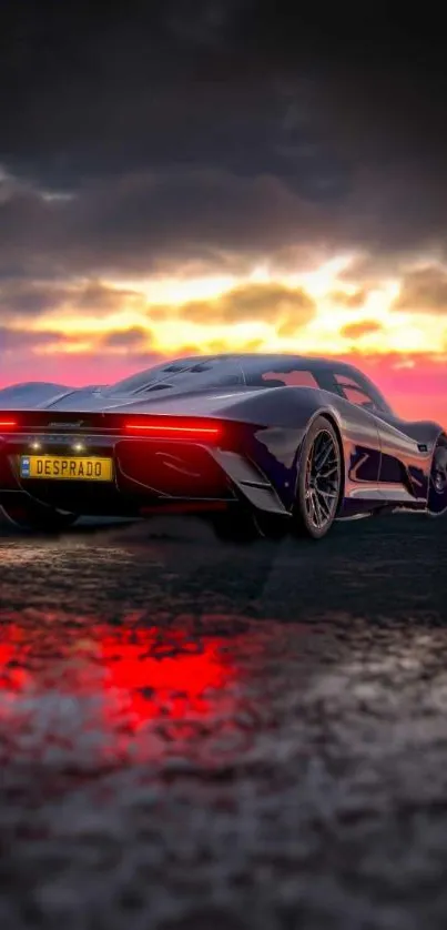 Sleek supercar reflecting vivid sunset hues on open road.