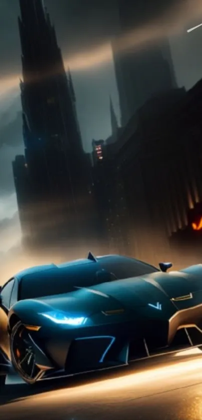 Supercar speeding through a futuristic cityscape at dusk, bathed in dark blue tones.