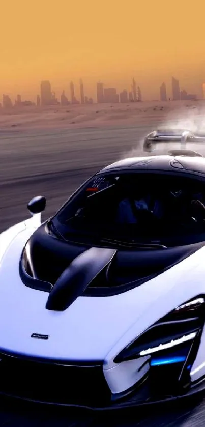 Supercar driving at high speed in a desert with a city skyline at sunset.