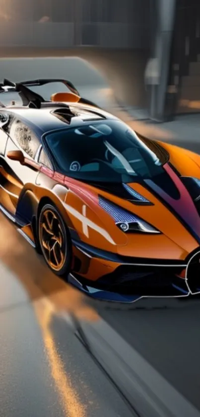 Orange supercar with sleek design reflecting light.