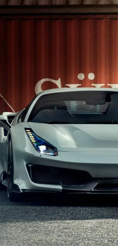 Sleek gray supercar parked against a container backdrop.