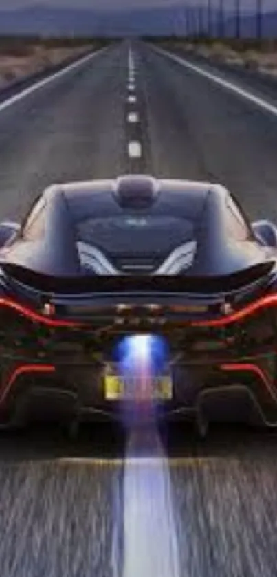 Sleek supercar speeding on an open highway with dynamic lighting.