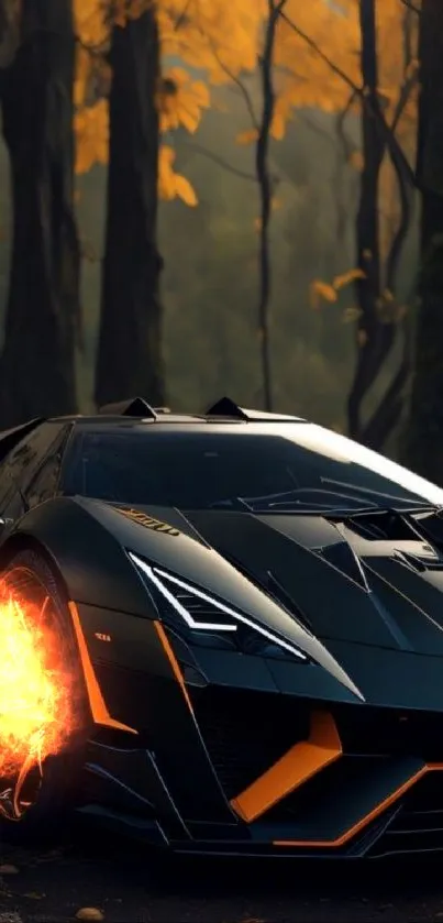 Black supercar in autumn forest with vibrant leaves and sleek design.