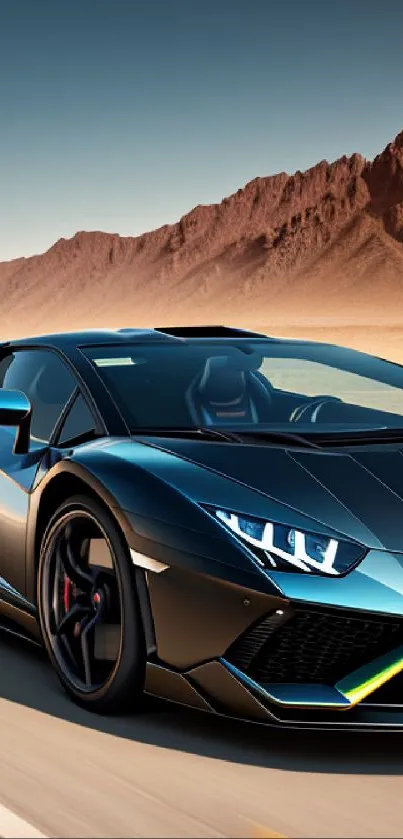 Sleek supercar cruising on a desert road with mountains in the background.