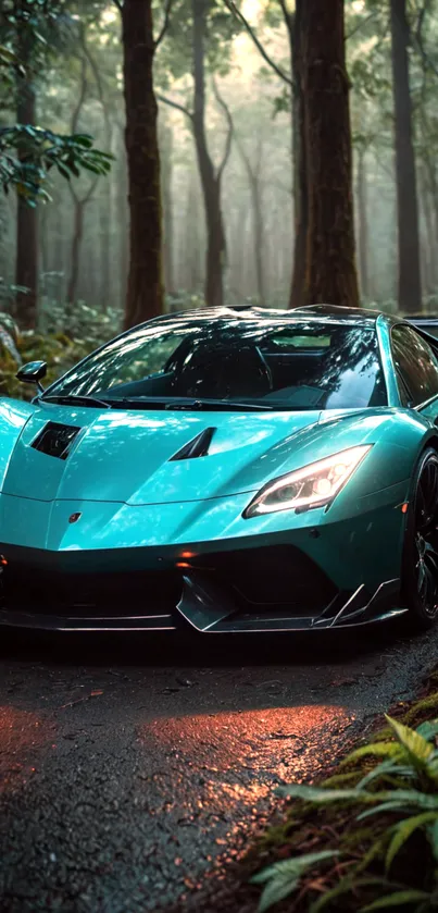 Teal supercar parked on a serene forest path.