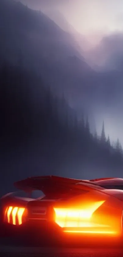 A supercar with bright taillights in foggy mountains and blue sky.