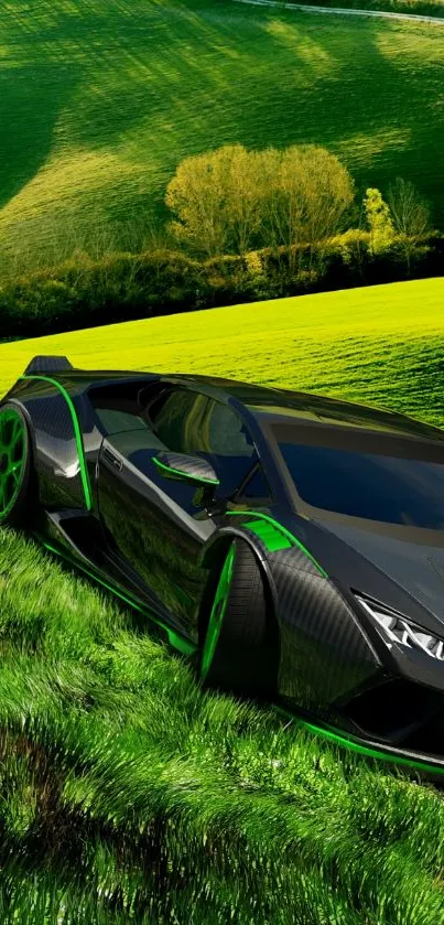 Sleek supercar in vibrant green fields