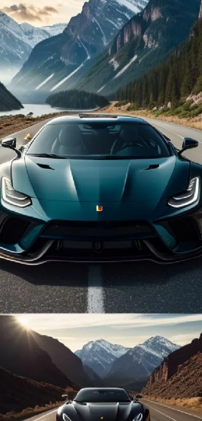 Sleek supercar driving through mountain scenery with vibrant teal color.