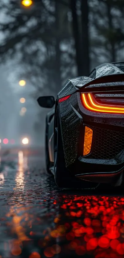 A sleek supercar with glowing taillights on a rainy night street.