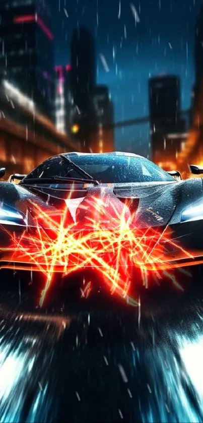 Futuristic supercar driving in a rainy city nightscape.