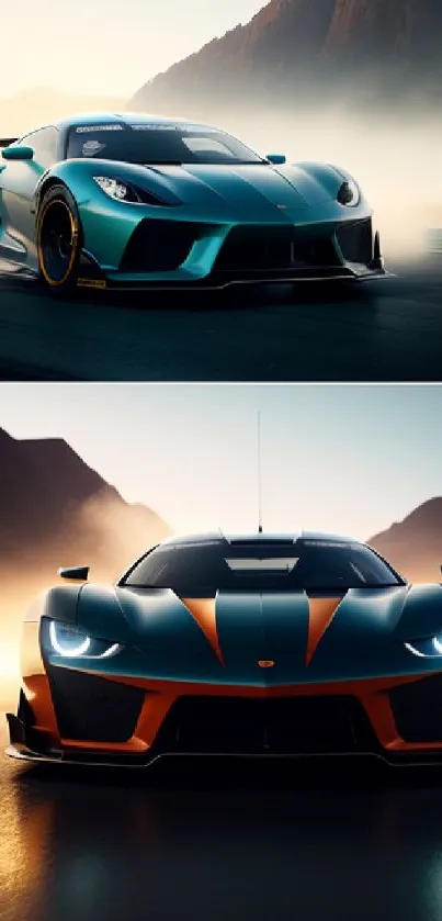 Sleek supercar drives through misty mountain roads at sunrise.