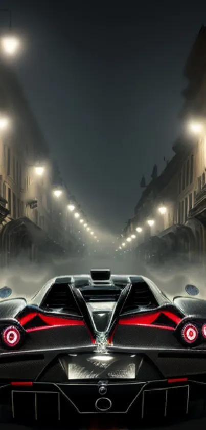 Sleek supercar driving down foggy illuminated street at night.