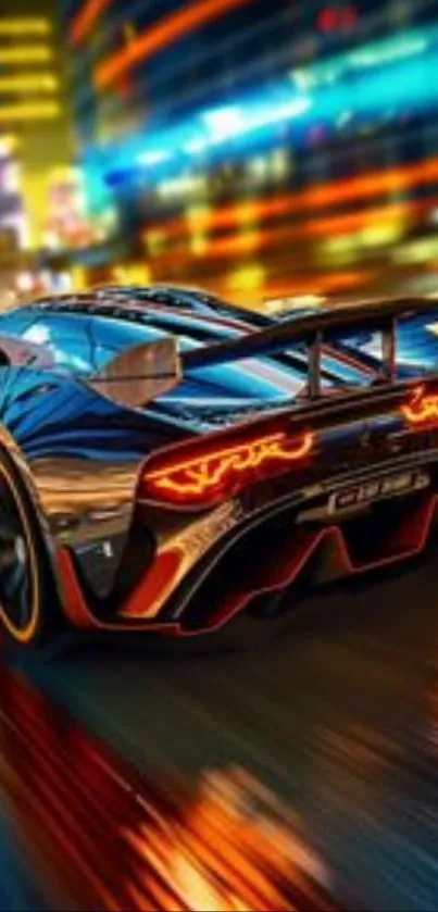 Supercar speeding through vibrant night cityscape.