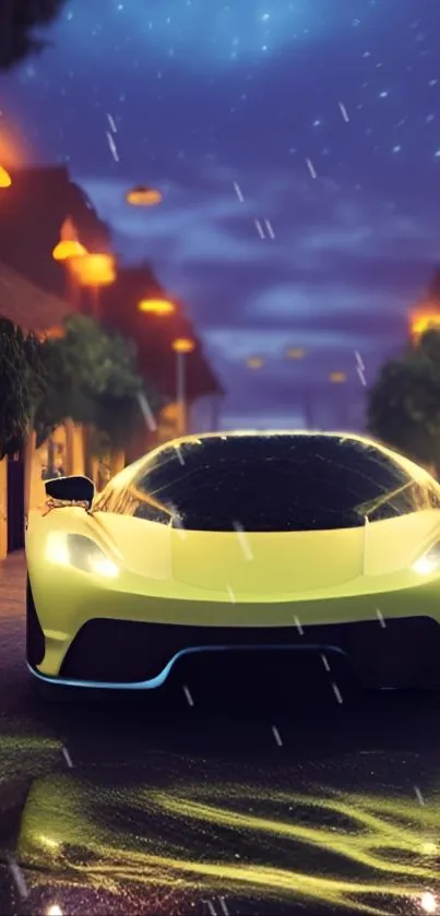 Yellow supercar on a vibrant night street.