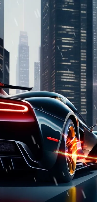 Sleek supercar driving in a vibrant city nightscape wallpaper.
