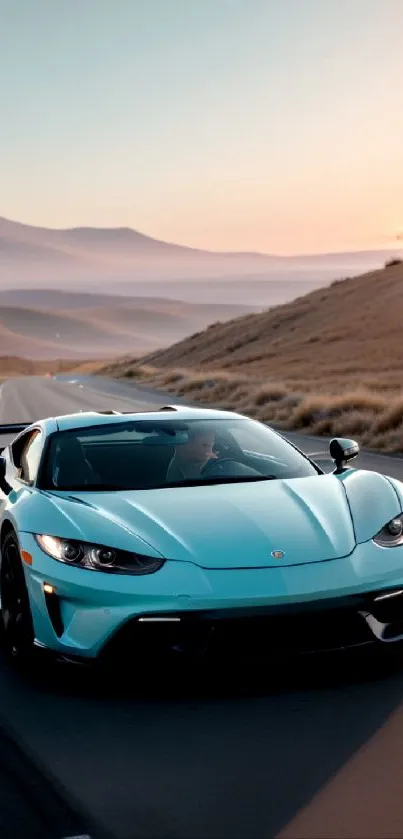 Mint green supercar on a deserted road at sunset.