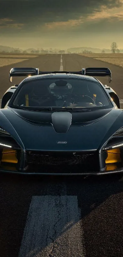 Sleek supercar on an open road under dramatic skies.