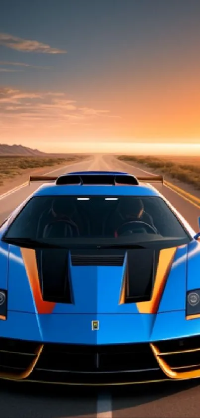 Sleek blue supercar on a desert highway at sunset.