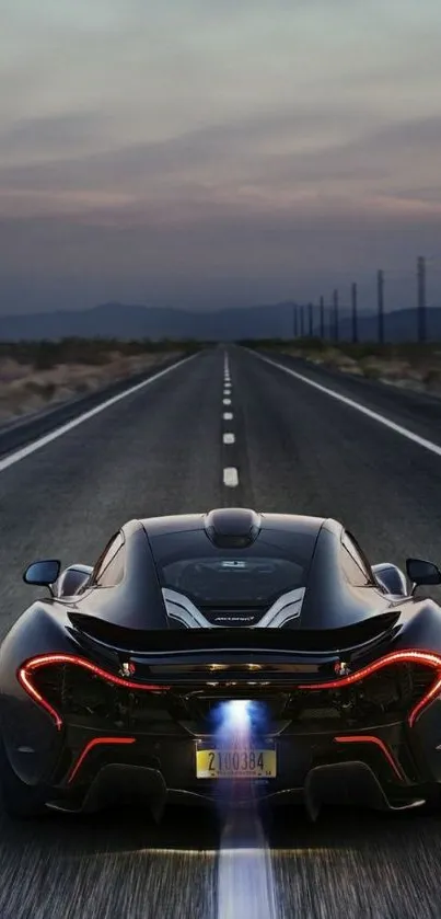 Sleek supercar speeding down a deserted road at dusk with a dramatic sky.