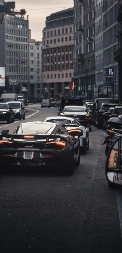 Luxurious supercars cruising through modern city streets at dusk.