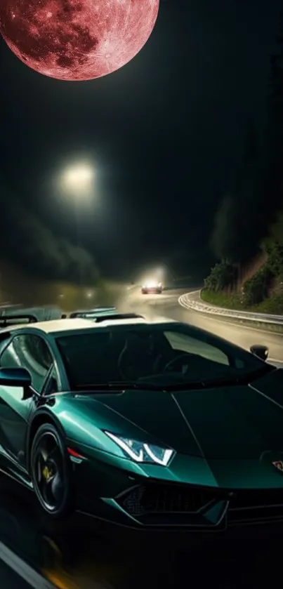 Green sports car under a red moonlit night sky on a scenic road.