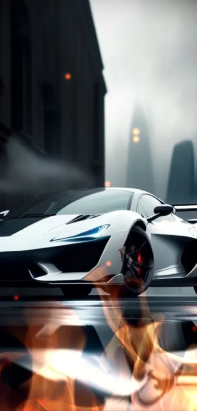 Futuristic white supercar reflecting on wet street.