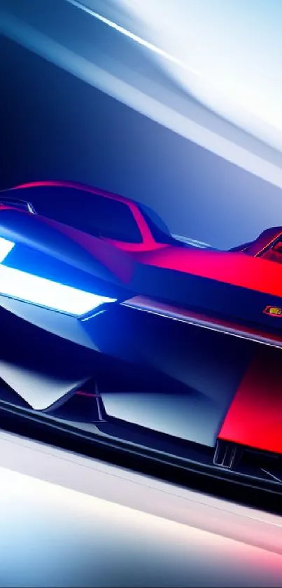 Vibrant supercar with red and blue hues, exuding a sleek, futuristic design.