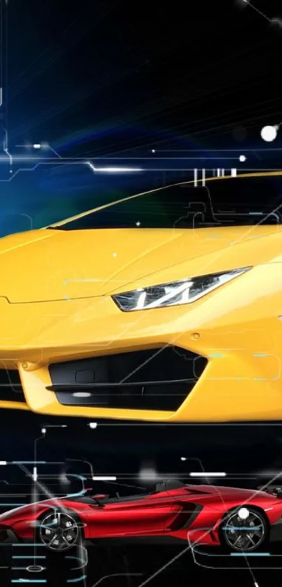 Yellow and red supercars in digital futuristic design.