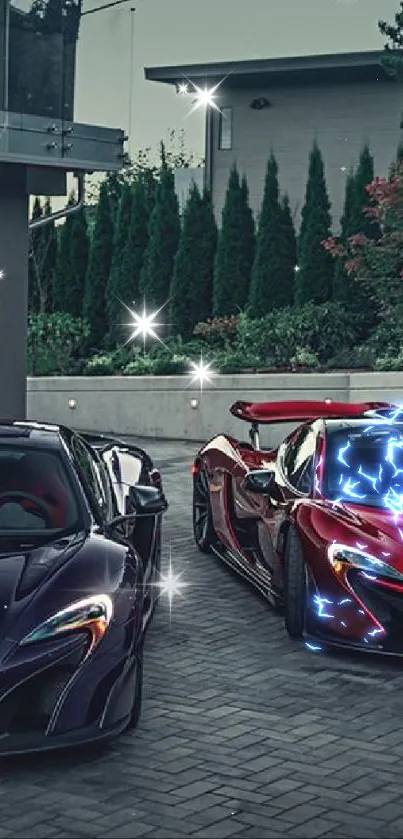 Luxury supercars parked in modern setting with lush greenery.