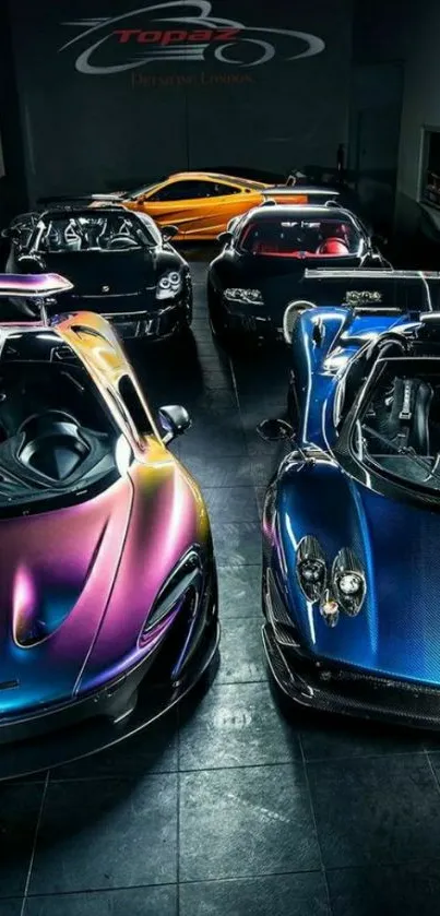 Lineup of luxury supercars in a showroom setting.