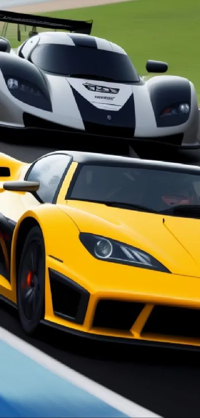 Stylish supercars racing on a track, featuring sleek design and vibrant colors.