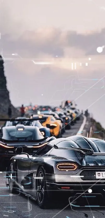 Exciting supercars driving on a scenic mountain road.