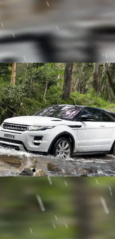 SUV crossing a river in a lush green forest backdrop.